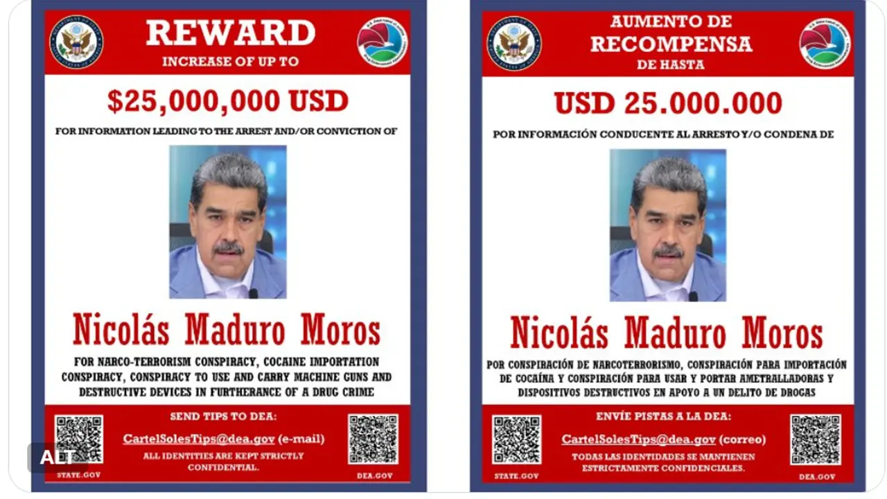 EUA mantêm oferta de US$ 25 milhões por informações que levem à prisão de Nicolás Maduro - Imagem do artigo original